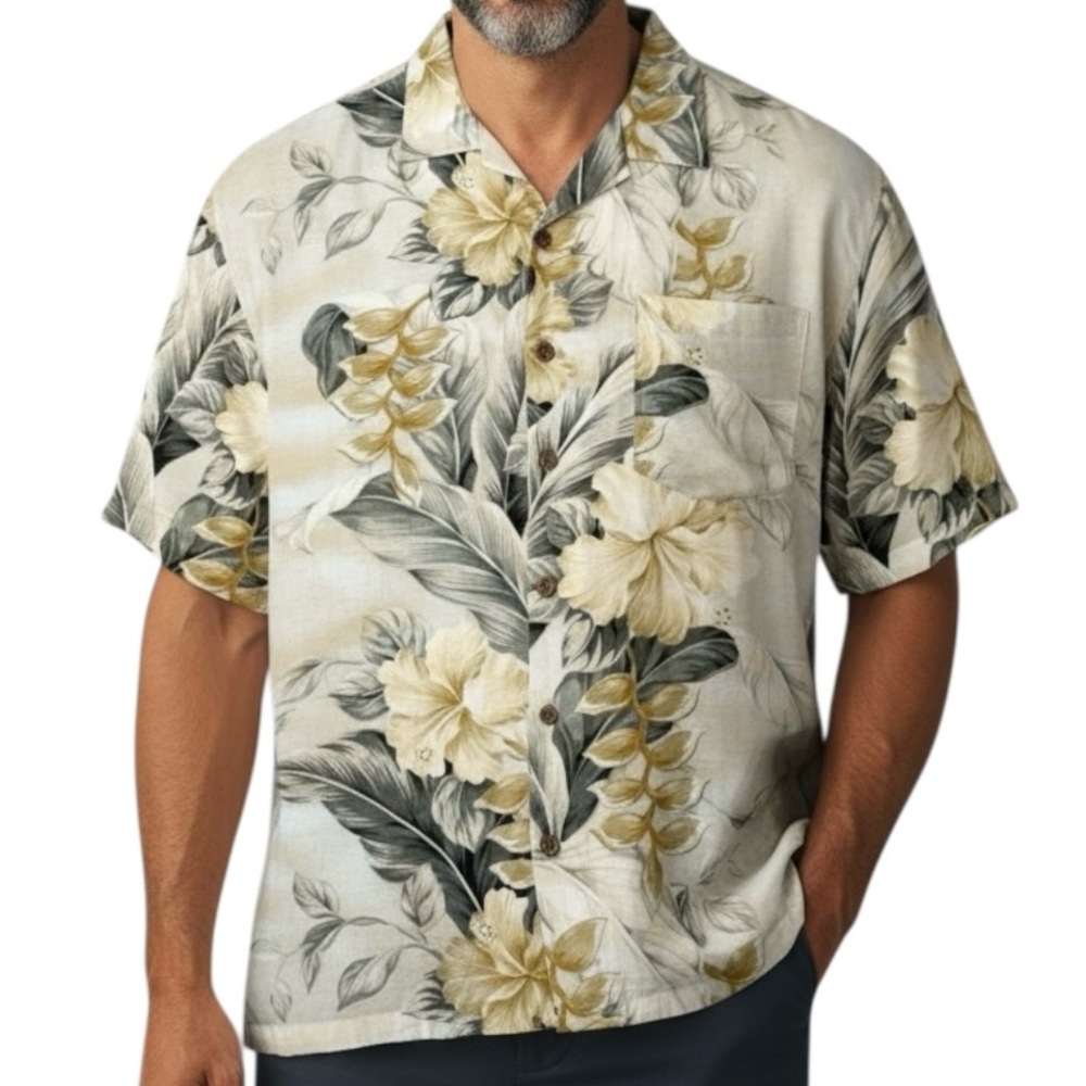 Tommy Bahama 100% Silk Vintage Camp Shirt Floral Hibiscus Hawaiian Button Down L